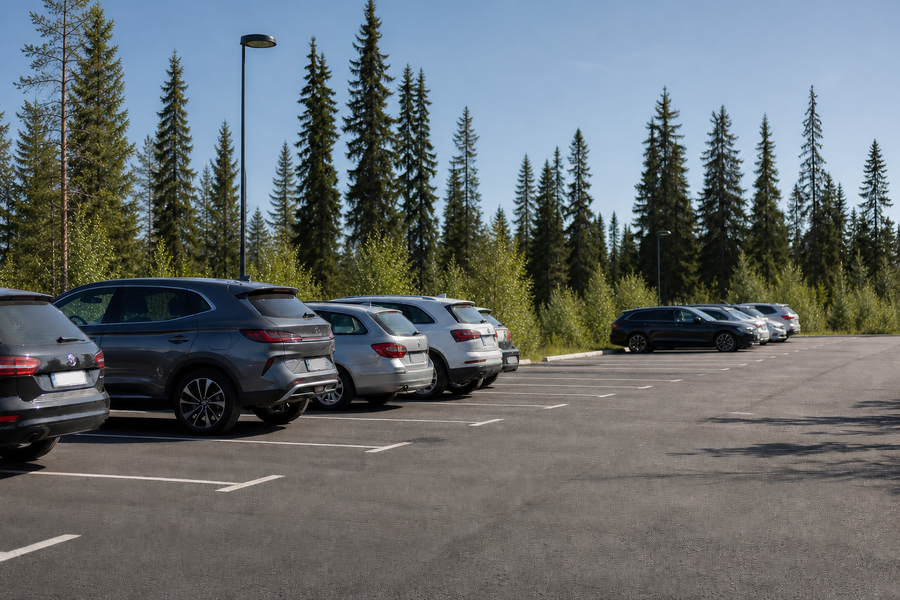 Aurora Village Parking Lot with Fir Trees Summer-1-1